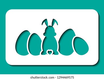 Stencil for Easter hunt. Laser cut template. Happy Easter eggs lie in line, rabbit ears and tail. Vector silhouette fun bunny. Sample illustration isolated on green spring background. Die cut design.