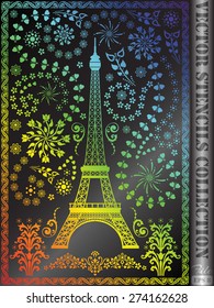 Stencil Eiffel Tower with ornament made of flowers, leaves, stars and hearts.