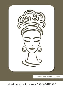 Stencil with the face of a beautiful girl. The head of a woman with a high curly hairstyle, closed eyes, long eyelashes. Sign, logo, decoration of a beauty salon, hairdresser. Template for laser cut.