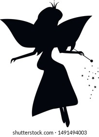 Stencil fairy sitting. Fairy black silhouette with a magic wand and stars. Vector illustration of Fairy with a magic wand isolated on white background. Stencil fairy. 