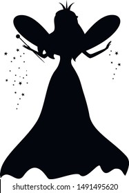 Stencil fairy standing. Fairy black silhouette with a magic wand and stars. Vector illustration of Fairy with a magic wand isolated on white background. Stencil fairy. 
