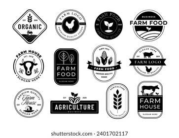 Stencil farm business emblems. Rancho mark, agriculture label and farm house branding template vector set of emblem farm organic business illustration