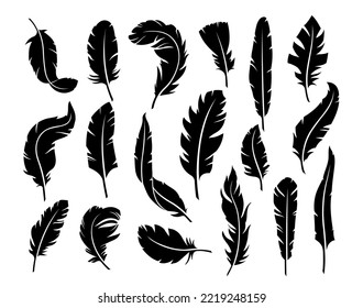 Stencil feather. Soft plume silhouettes, vintage handwriting pen and light decorative bird wing feathers vector symbols set of plume feather soft silhouette illustration