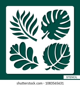 Stencil. Floral theme. Silhouettes of tropical palm leaves, monstera, jungle leaves, leaves maple, oak, aspen. Template for laser cutting, wood carving, paper cut and printing. Vector illustration.