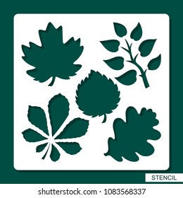 Stencil. Flower theme. Silhouettes of leaves of maple, oak, aspen, chestnut. A template for laser cutting, wood carving, cutting and printing paper. Vector illustration.