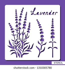 Stencil with a flowers, leaves and sprigs of lavender. White objects on a purple background. Template for laser cutting, wood carving, paper cut or printing. Plant theme. Vector illustration.