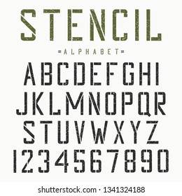 Stencil Font. Alphabet And Numbers For Stencil-plate. Vintage Grunge Typeface. Vector.