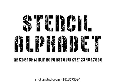 Stencil font, condensed alphabet, modern geometric modular letters and numbers, book symbols for newspaper headline or your street poster design, vector illustration