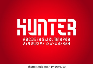 Stencil font, condensed future alphabet with space, modern letters from A to Z and numbers from 0 to 9, vector illustration 10EPS