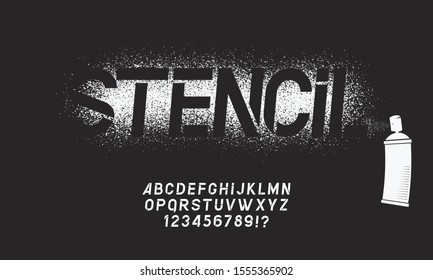 Stencil font. Graffiti spray painted alphabet, dirty textured lettering and grunge letters. Military abc and numbers, stamp type army scratched text. Isolated vector symbols set
