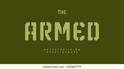 Stencil font for military gaming type design. Geometric typo chamfered letter set for cybersports game. Khaki green typeset for modern techno logo and headline. Vector alphabet
