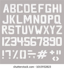 Stencil font, paper cut out alpahabet - uppercase letters, numbers and punctuatioin marks. Original white abc capital characters, digits and symbols 