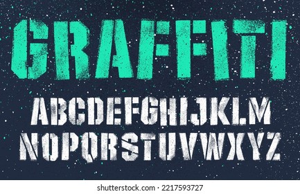 Military stencil font. Spray paint graffiti texture. White