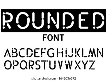 Stencil font or typeface, black modular round alphabet uppercase letters, typography isolated on white background. Vector illustration.