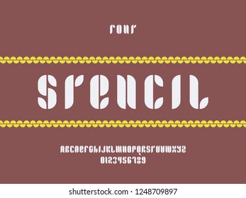Stencil font. Vector alphabet letters and numbers. Typeface design. 