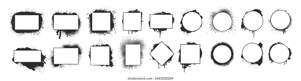 Stencil frame dirty texture rectangle border. Set of hand drawn spray paint frames and text banners. Grunge background