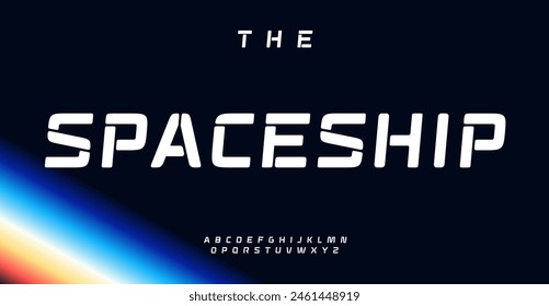 Stencil futuristic alphabet, bold streamlined letters for sci-fi themes, space exploration presentations, cutting-edge technology ads and space-themed interactive media. Vector typeset.