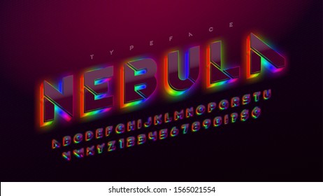 Stencil futuristic sci-fi alphabet, extra glowing space design, creative characters set. 13 degree skew.