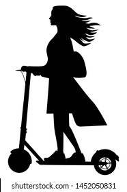 Stencil of a girl who rides a scooter. Transport for the city and rest. Sports transport for one person.