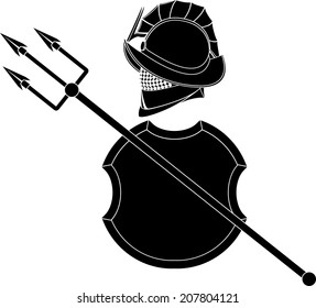 stencil of gladiators helmet wit trident and shield. vector illustration