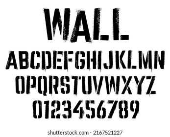 Stencil graffiti font. Aerosol spray text with grunge grain texture, paint splatter letters and numbers vector set. Illustration of dirty paint stencil, grunge graffiti spray
