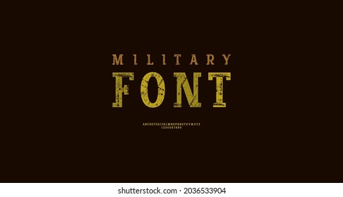 Tipo de letra verde esténcil, alfabeto militar en negrita condensada, letras y números en mayúsculas modernos, ilustración vectorial 10eps