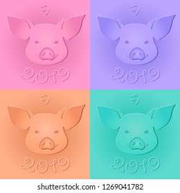 Stencil heads of pigs of different colors. Pig symbol 2019