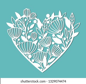 Stencil of heart with flowers. Vector template for design, print, etc. The image is suitable for laser cutting, plotter cutting or printing.