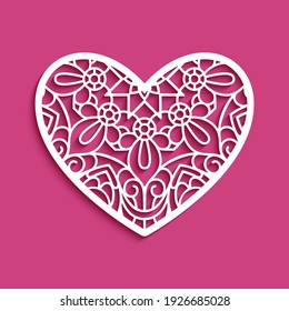 Corazón de esténcil con patrón de encaje, plantilla para corte láser, decoración de corte de papel para invitación de boda o tarjeta de saludo de San Valentín, decoración de corazón vectorial con adorno de línea