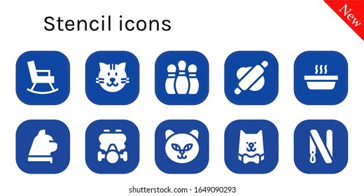 stencil icon set. 10 filled stencil icons. Included Rocking chair, Cat, Bowling pins, Rolling pin, Gas mask, Key ring icons