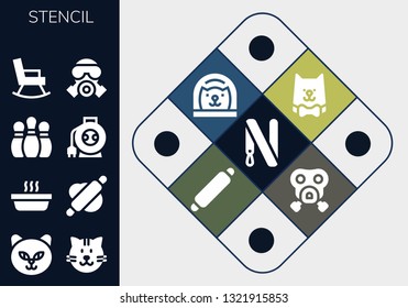 stencil icon set. 13 filled stencil icons.  Collection Of - Key ring, Cat, Rolling pin, Bowling pins, Wire, Rocking chair, Gas mask