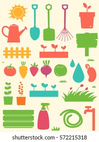 Stencil Illustration Featuring Different Vegetables and Gardening Tools