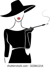 Stencil Illustration of a Girl Wearing Vintage Clothing Smoking a Cigar