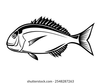 Ilustração estêncil de um Pagrus major, goraz vermelho, pargo vermelho, porgy vermelho ou goraz prateado, um peixe marinho com barbatanas de raio na família Sparidaeon visto de lado feito em estilo retro preto e branco.