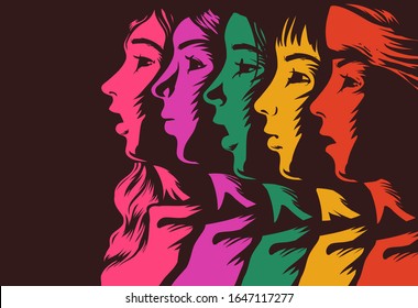 Stencil Illustration of Side View In Profile Faces of Woman in a Line In Different Colors. Diversity, Unity