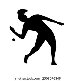 Ilustración de plantilla de silueta de una jugadora americana de balonmano o wallball golpeando una pelota de goma con la mano vista desde el frente sobre fondo aislado hecho en estilo retro blanco y negro.