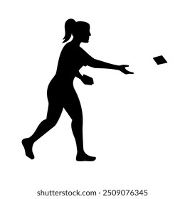 Stencil illustration of silhouette of a female cornhole player throwing a bean bag, a lawn game aka sack toss, or bags viewed from side on isolated background done in black and white retro style.