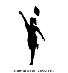 Stencil illustration of silhouette of a female cornhole player throwing a bean bag, a lawn game aka sack toss, or bags viewed from front on isolated background done in black and white retro style.