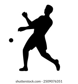 Ilustración de plantilla de la silueta de un jugador de balonmano o wallball estadounidense macho que golpea la pelota de goma con la mano vista desde el frente sobre fondo aislado hecho en estilo retro blanco y negro.