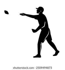 Stencil illustration of silhouette of a male cornhole player throwing a bean bag, a lawn game aka sack toss, or bags viewed from side on isolated background done in black and white retro style.