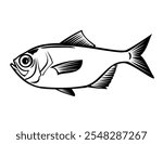 Stencil illustration of a splendid alfonsino, Beryx splendens, kinmedai, red bream or golden eye snapper, an alfonsino of the genus Beryx viewed from side done in black and white retro style.