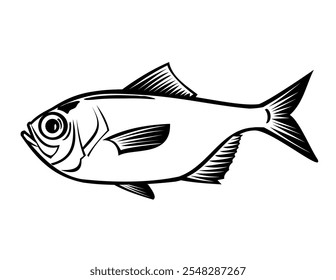 Stencil illustration of a splendid alfonsino, Beryx splendens, kinmedai, red bream or golden eye snapper, an alfonsino of the genus Beryx viewed from side done in black and white retro style.