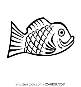 Stencil illustration of taiyaki fish shaped cake in the shape of tai or red sea bream considered a symbol of luck and fortune in Japan on isolated background done in black and white retro style.