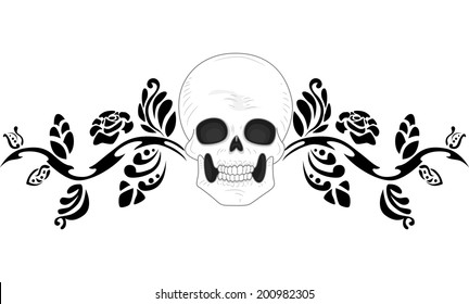 Stencil Illustration eines Tattoo-Designs mit einem Schädel umgeben von schwarzen Reben