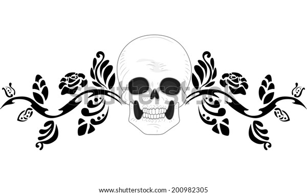 Stencil Illustration of a Tattoo Design\
Featuring a Skull Surrounded by Black\
Vines