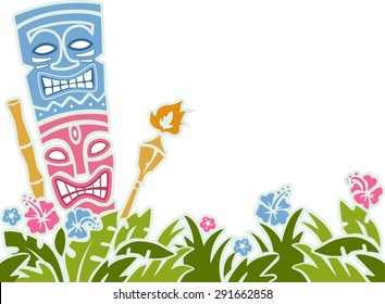 Stencil Illustration of a Tiki Statue Surrounded by Colorful Flowers