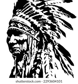 Stencil image of an elderly American Indian. Vector illustration isolated on white. An old chief of an American Indian tribe. Indian headdress rave.