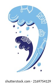 Stencil image of a wave for the design of posters, banners. Decorative lace pattern on the wave silhouette. Patterns for tattoos and stamps. Illustration in flat and outline style.