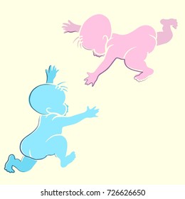 Stencil images of children which stretch each other hands on the vanilla background. Vector pink and blue silhouettes of two newborn babies.