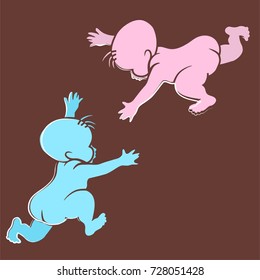 Stencil images of children which stretch each other hands on the brown background. Vector pink and blue silhouettes of two newborn babies.